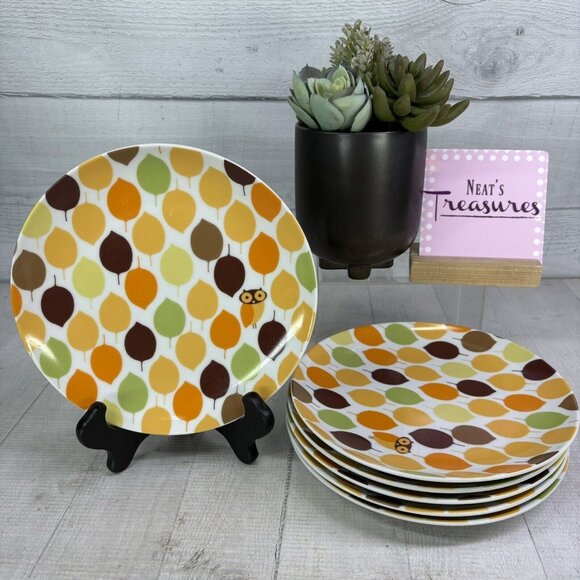 Rachael Ray LITTLE HOOT Autumn Leaves Owl Bands Porcelain Salad Plates Set of 6 - Picture 1 of 16